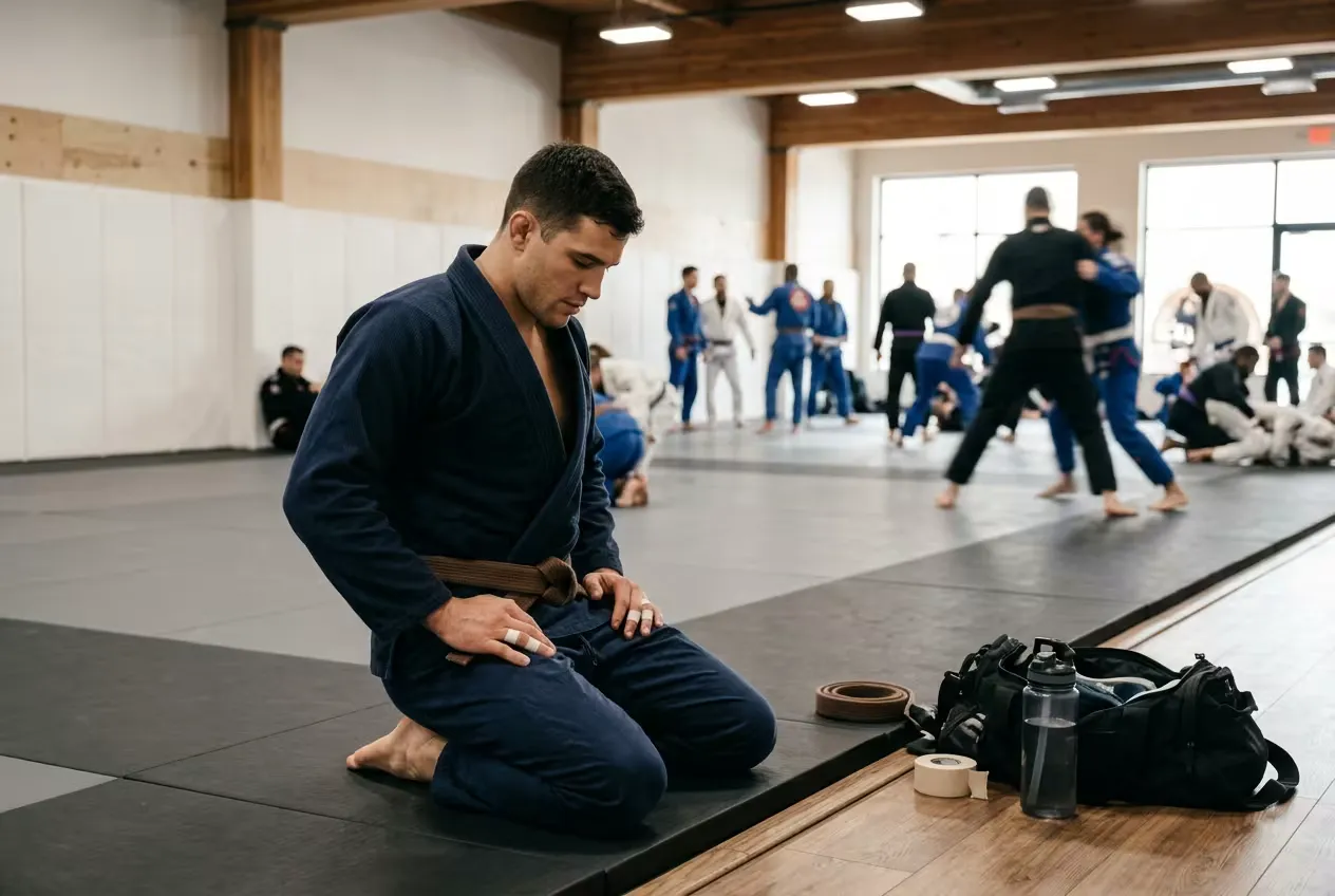 BJJ athlete using short isometric training routine for guard retention