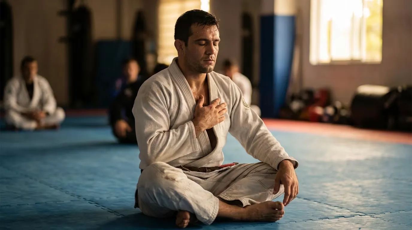 BJJ practitioner in a recovery reset moment between rounds, breathing calmly on the mats